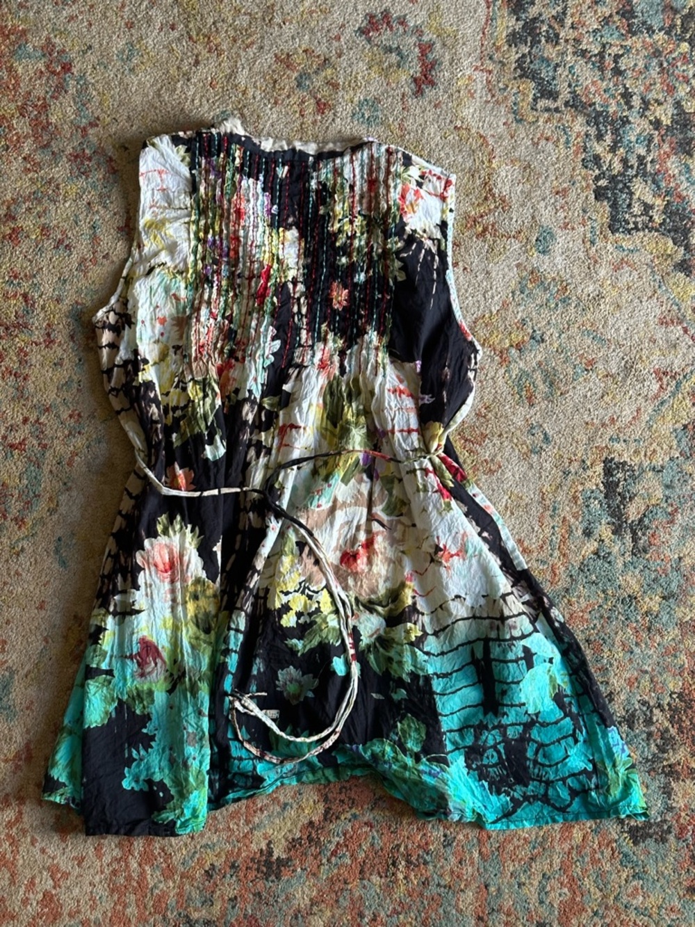 Tianello Sleeveless Boho Tunic in Turquoise & Black with Floral Embroidery - Picture 4 of 6